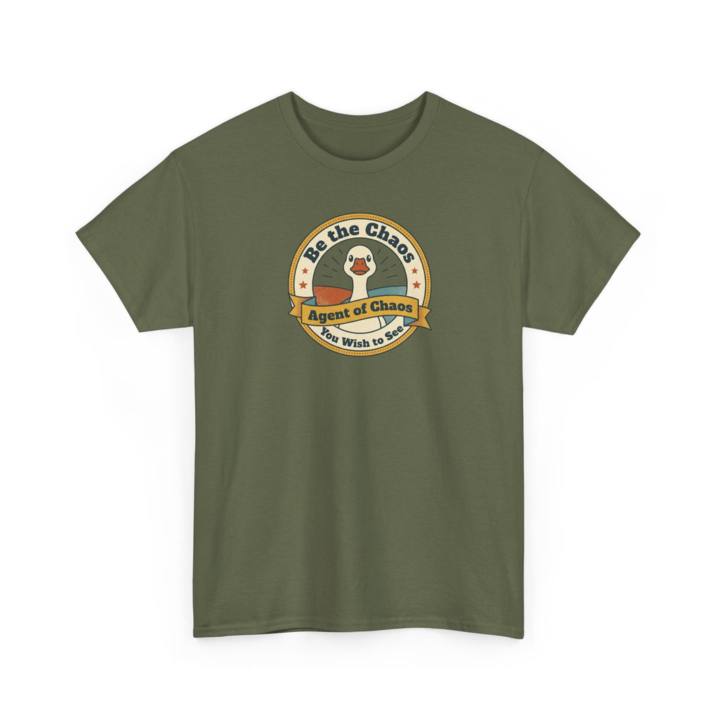 Military green T-shirt with round duck emblem graphic on the front.