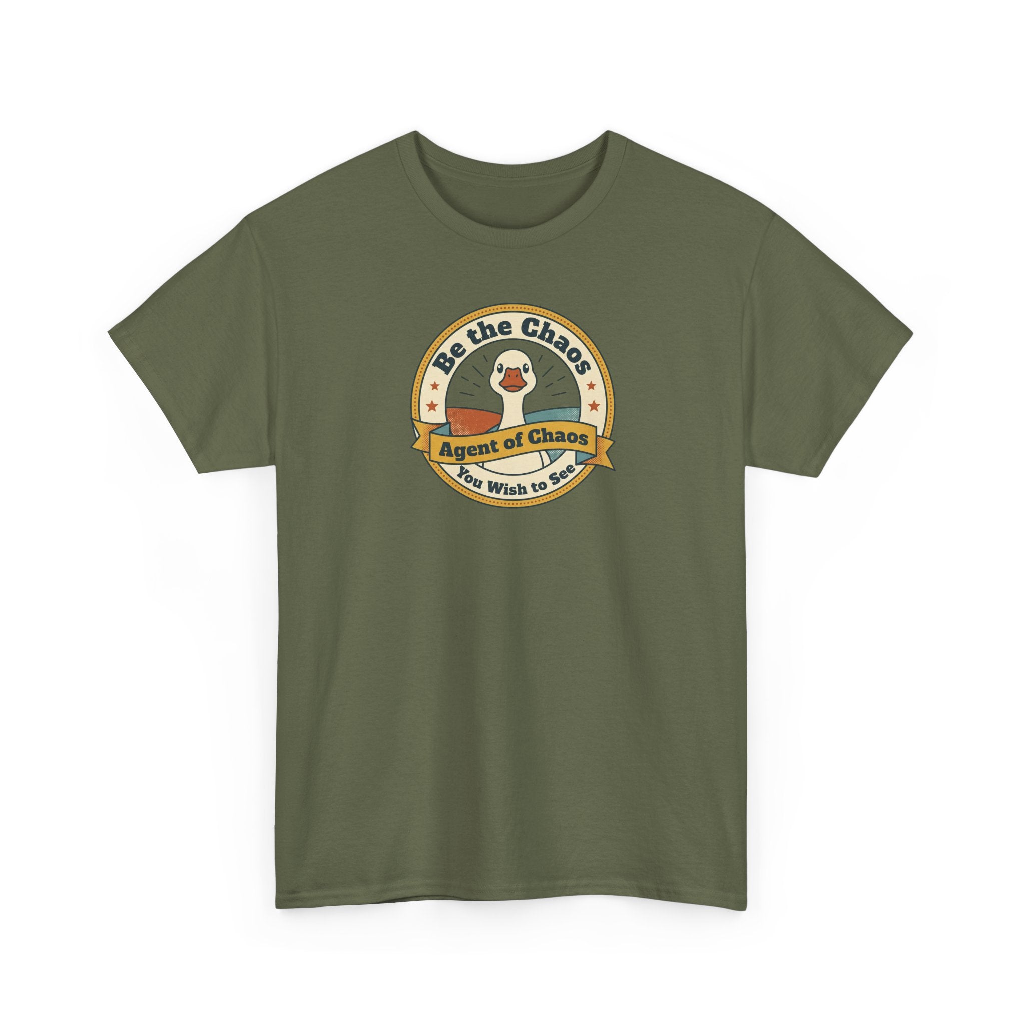 Military green T-shirt with round duck emblem graphic on the front.