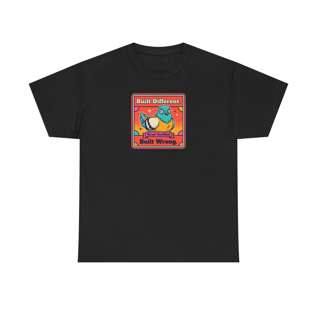 Black t-shirt with framed bird graphic, 'Built Different' and 'Built Wrong' text.