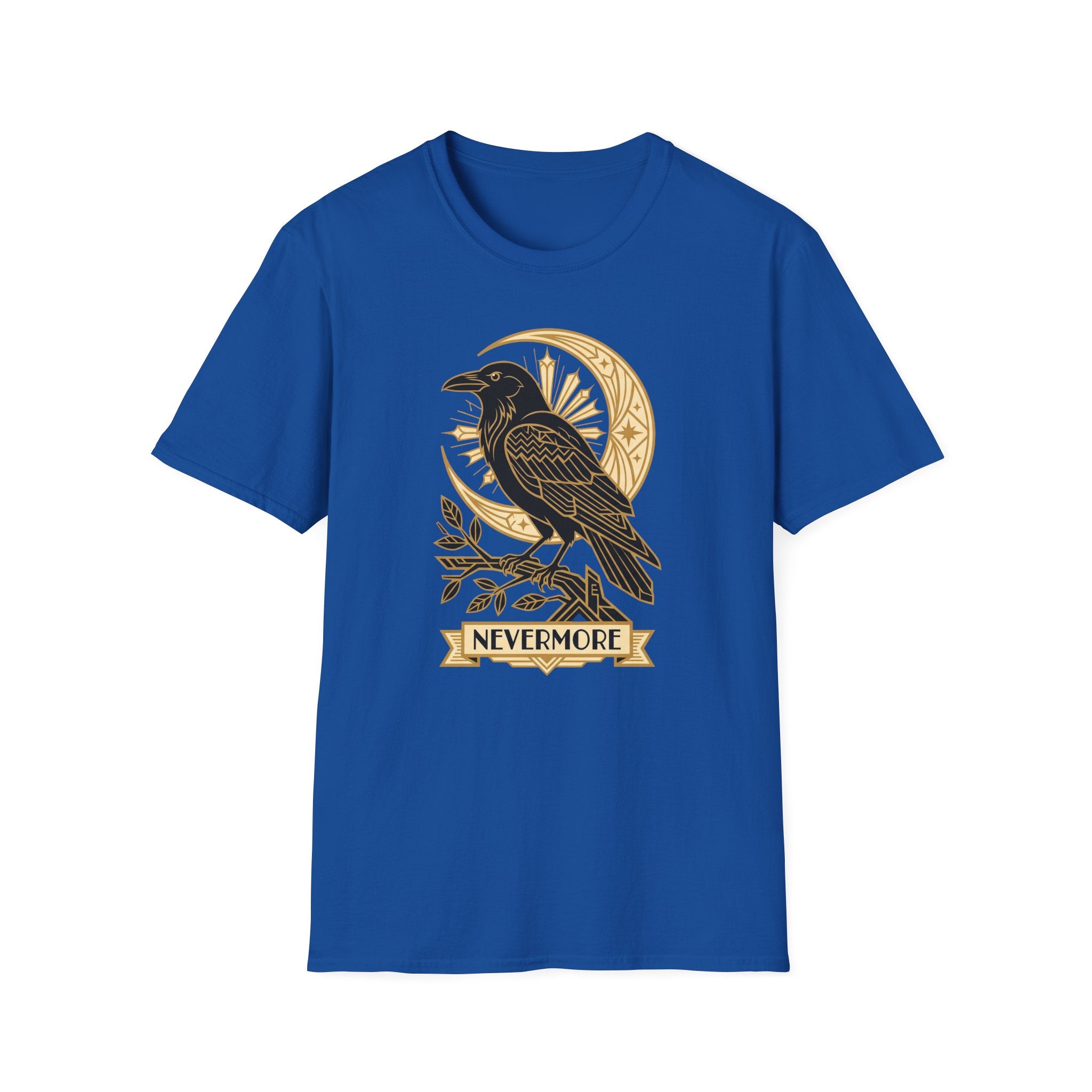Crewneck T-shirt in royal blue with gold raven and moon graphic, short sleeves