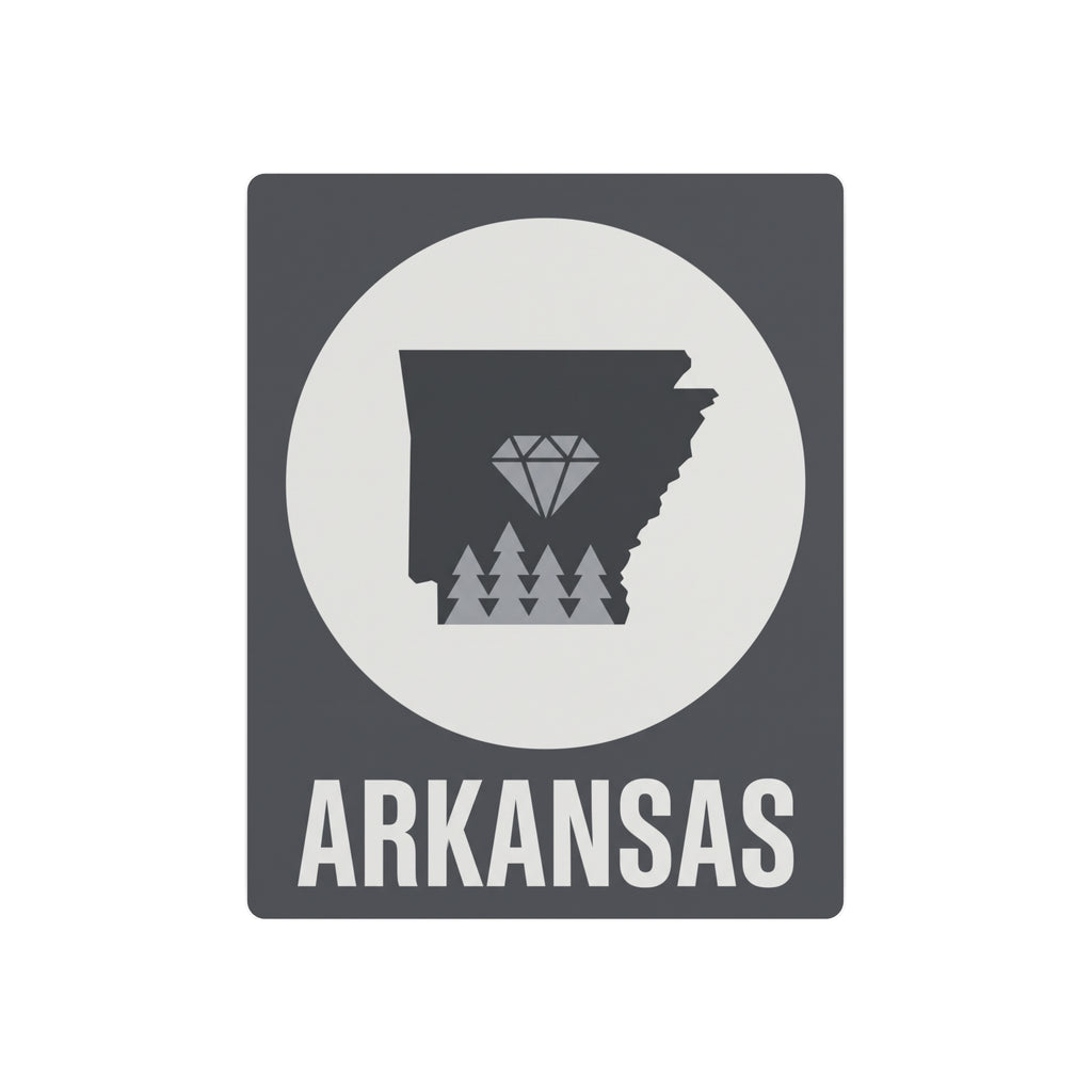 Arkansas metal art sign with diamond and pine graphic, dark gray square and ARKANSAS text