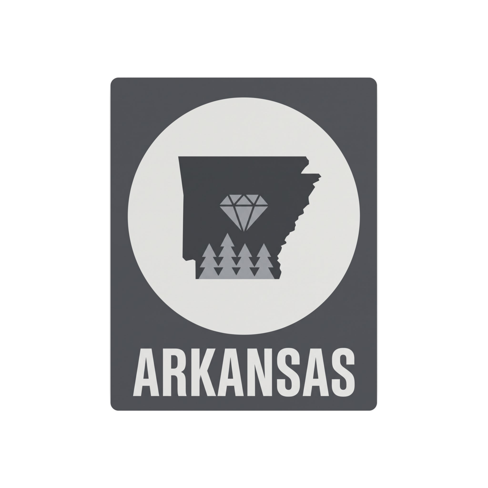 Arkansas metal art sign with diamond and pine graphic, dark gray square and ARKANSAS text