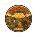 Oval Pennsylvania sticker with vintage vehicle illustration, Keystone banner, and Est. 1787