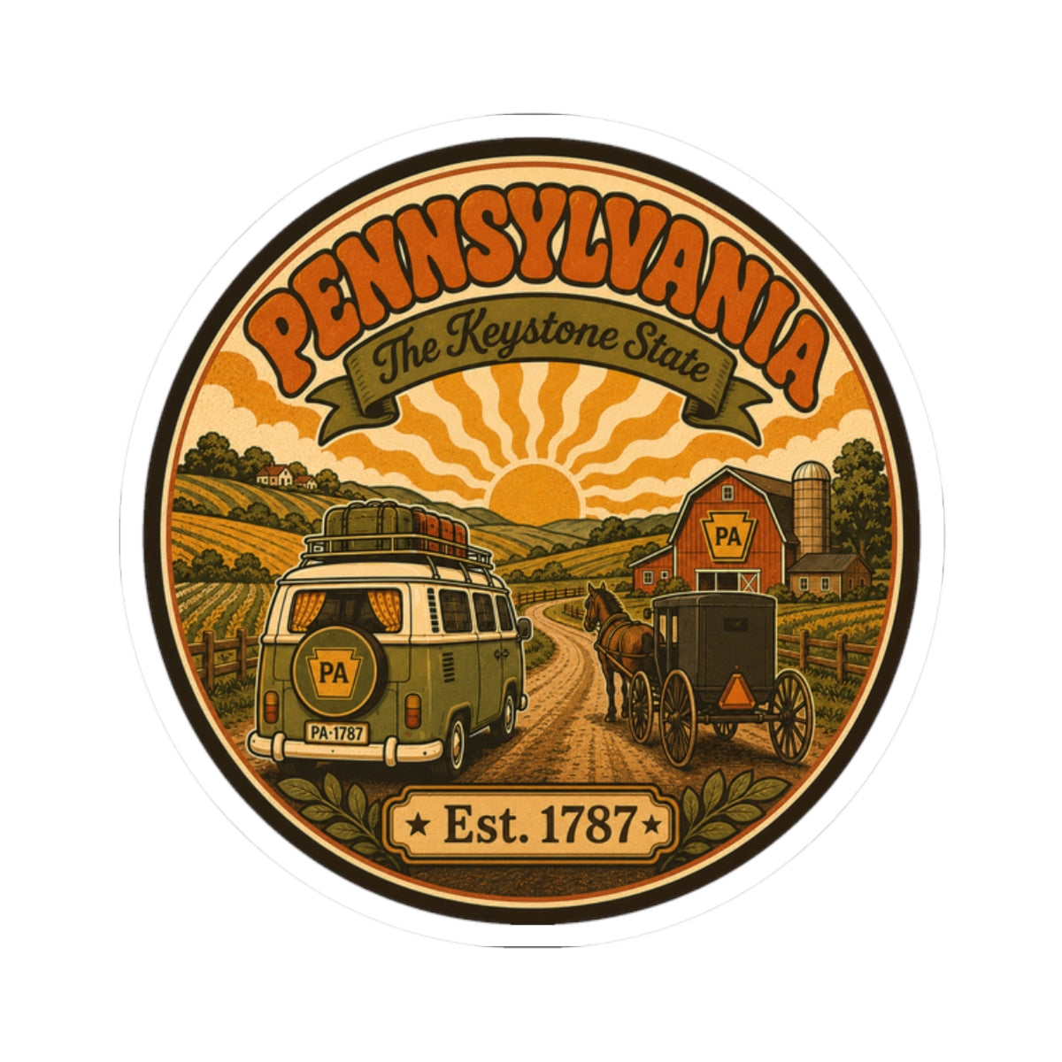 Oval Pennsylvania sticker with vintage vehicle illustration, Keystone banner, and Est. 1787