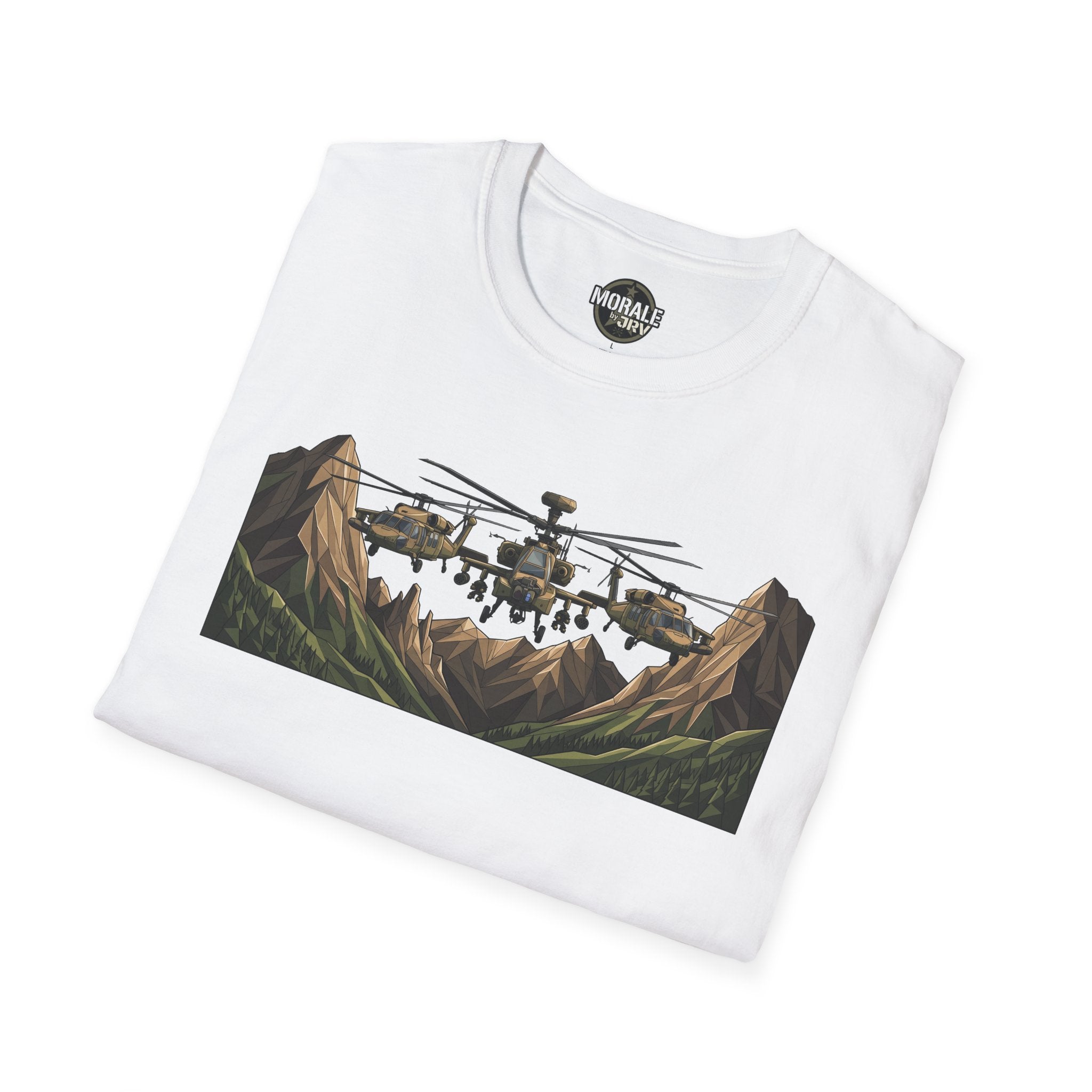 White T-shirt with helicopter and mountain landscape graphic front