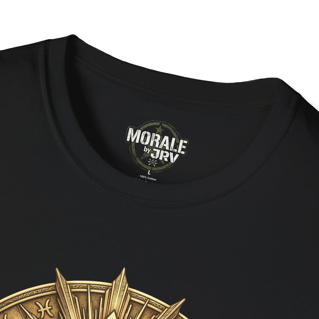 Dark T-shirt collar close-up with brand label and partial gold eye mandala