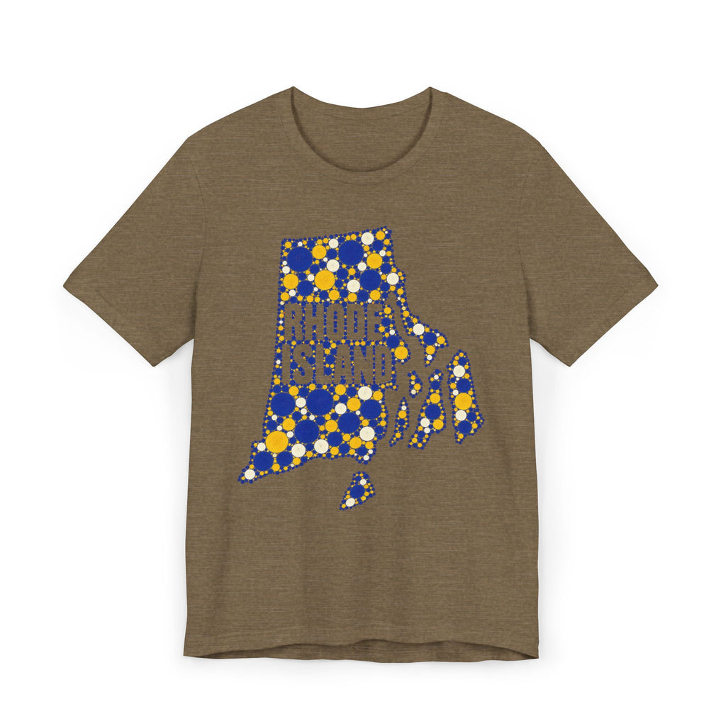 Olive-brown t-shirt with blue and yellow polka-dot Rhode Island outline graphic