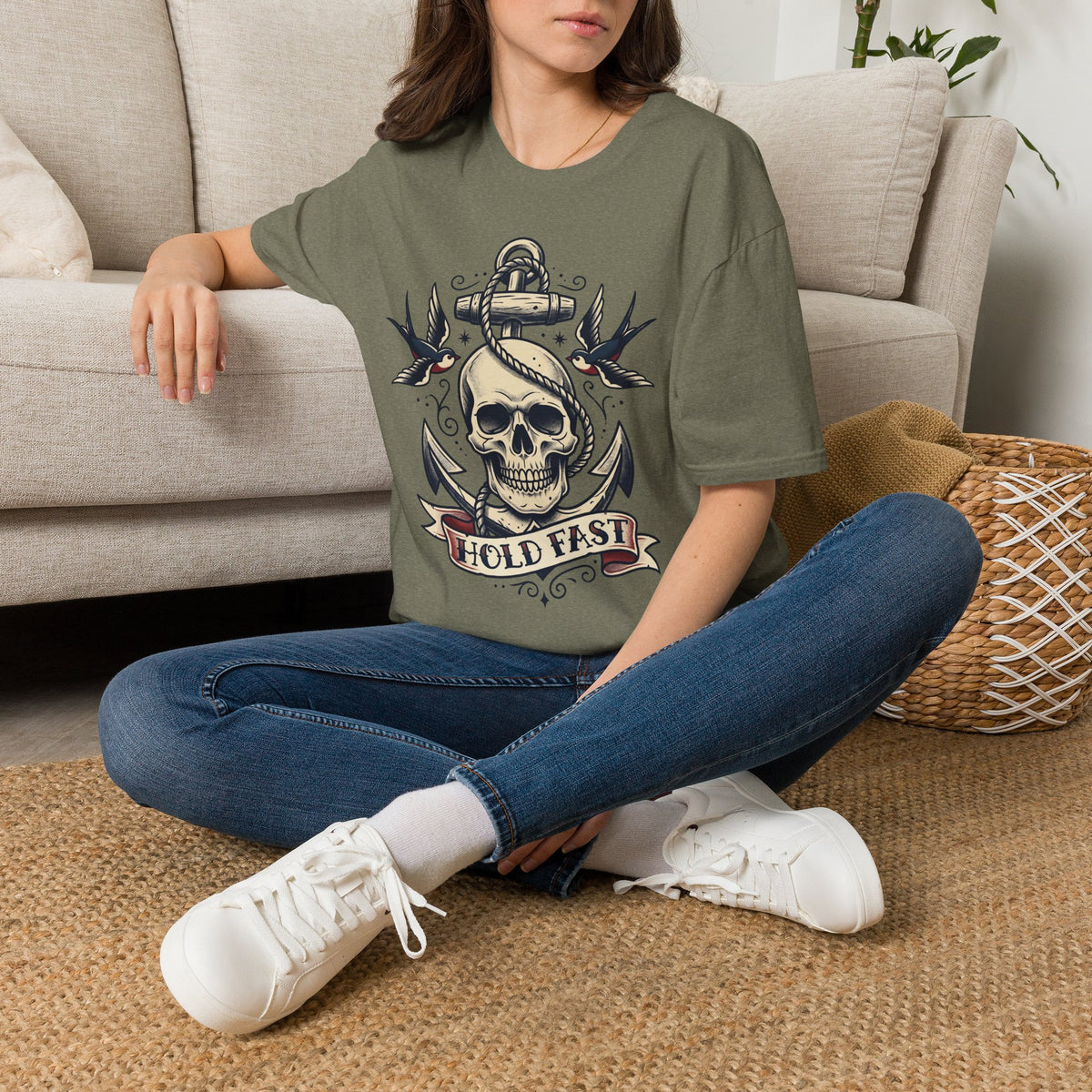 Heather military green T-shirt with nautical skull and anchor graphic and “HOLD FAST” banner