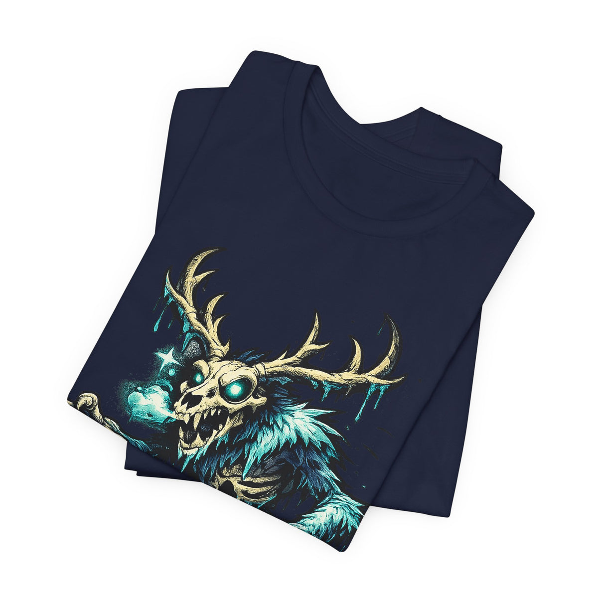 Navy monster T-shirt with glowing skull deer graphic, short sleeves