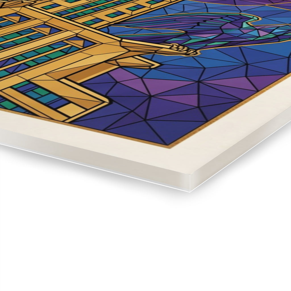 Acrylic print corner close-up showing stained-glass blue and purple geometric pattern