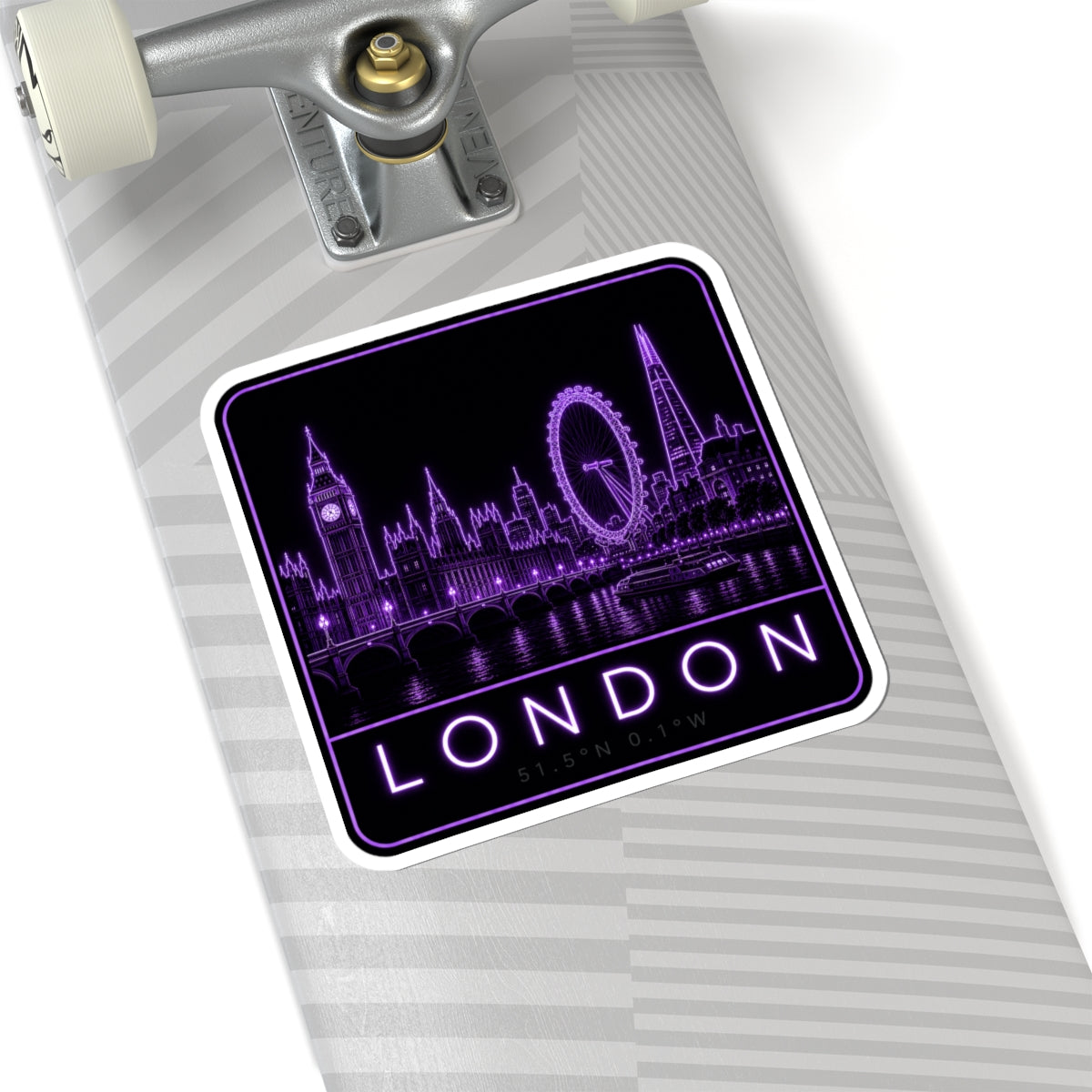 Purple neon London skyline sticker on paper, tower silhouettes, Ferris wheel, London text