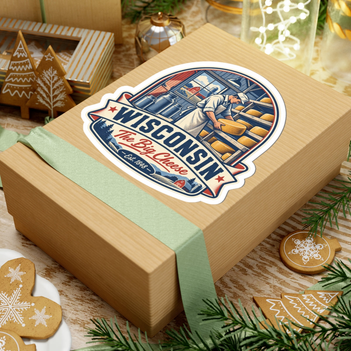 Wisconsin The Big Cheese sticker on a gift box, featuring cheesemaker and banner text