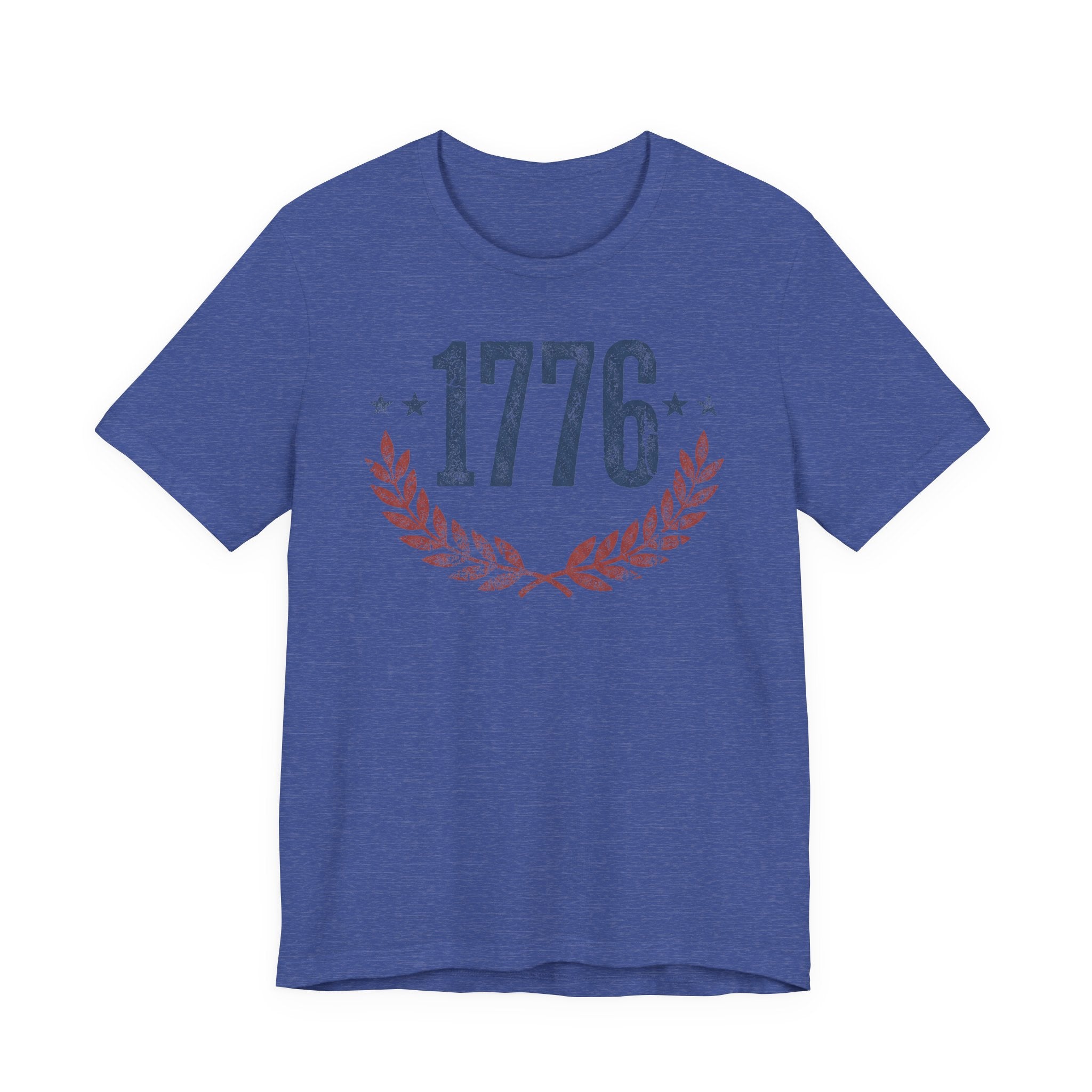 Heather True Royal T-shirt with '1776' laurel wreath graphic and star accents