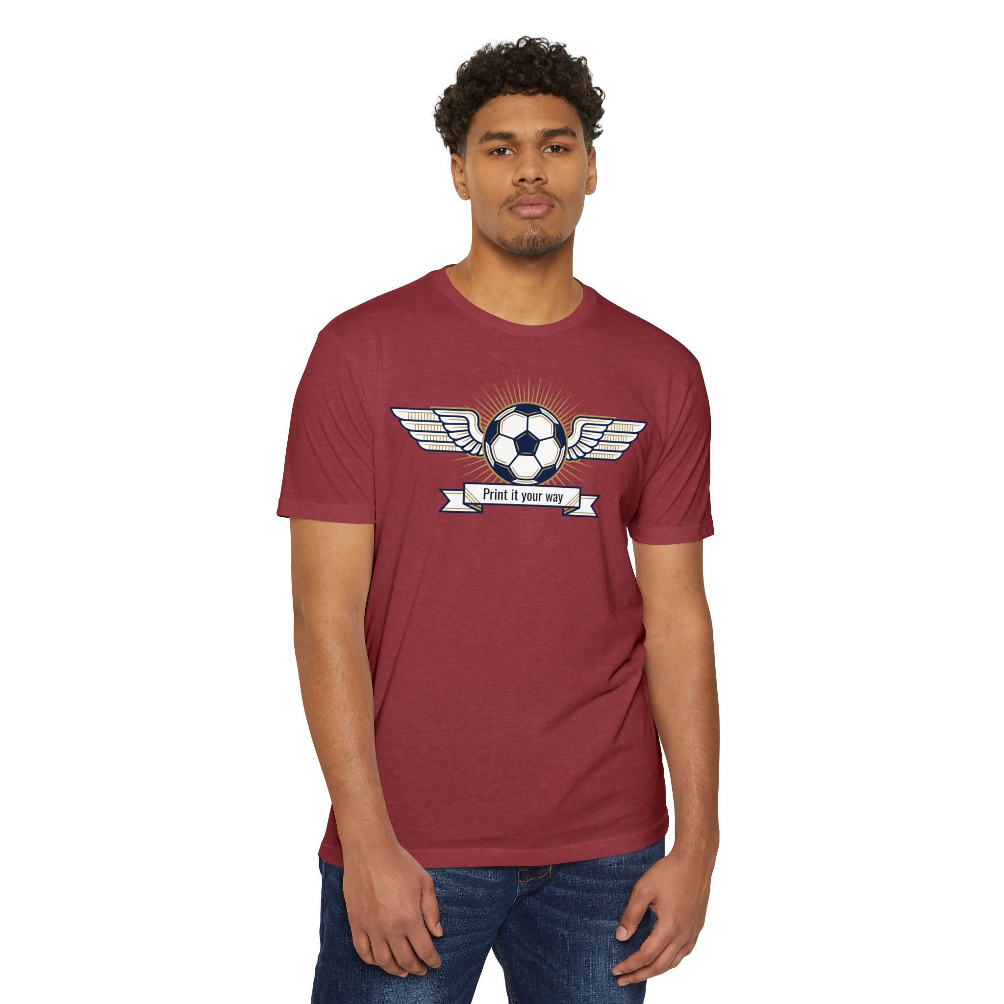 Men's maroon soccer T-shirt with winged soccer ball emblem on front