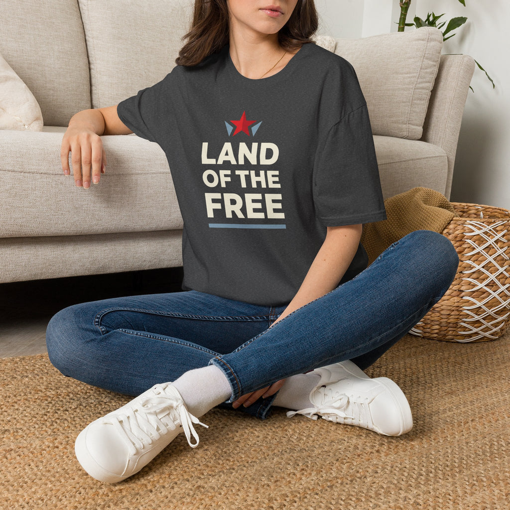 Charcoal T-shirt with red star graphic and white Land of the Free text
