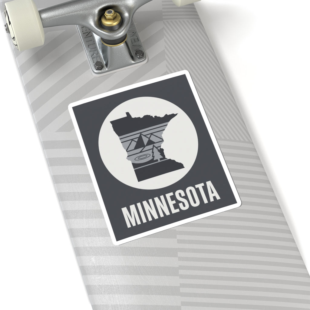 Minnesota state silhouette kiss-cut sticker on suitcase with “MINNESOTA” text