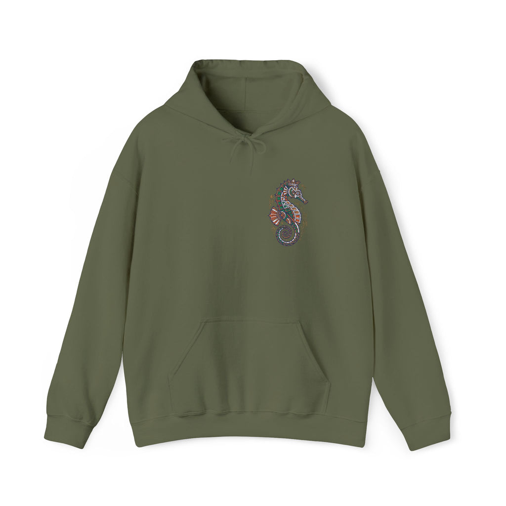 Olive green seahorse floral hoodie with front pocket and drawstring hood