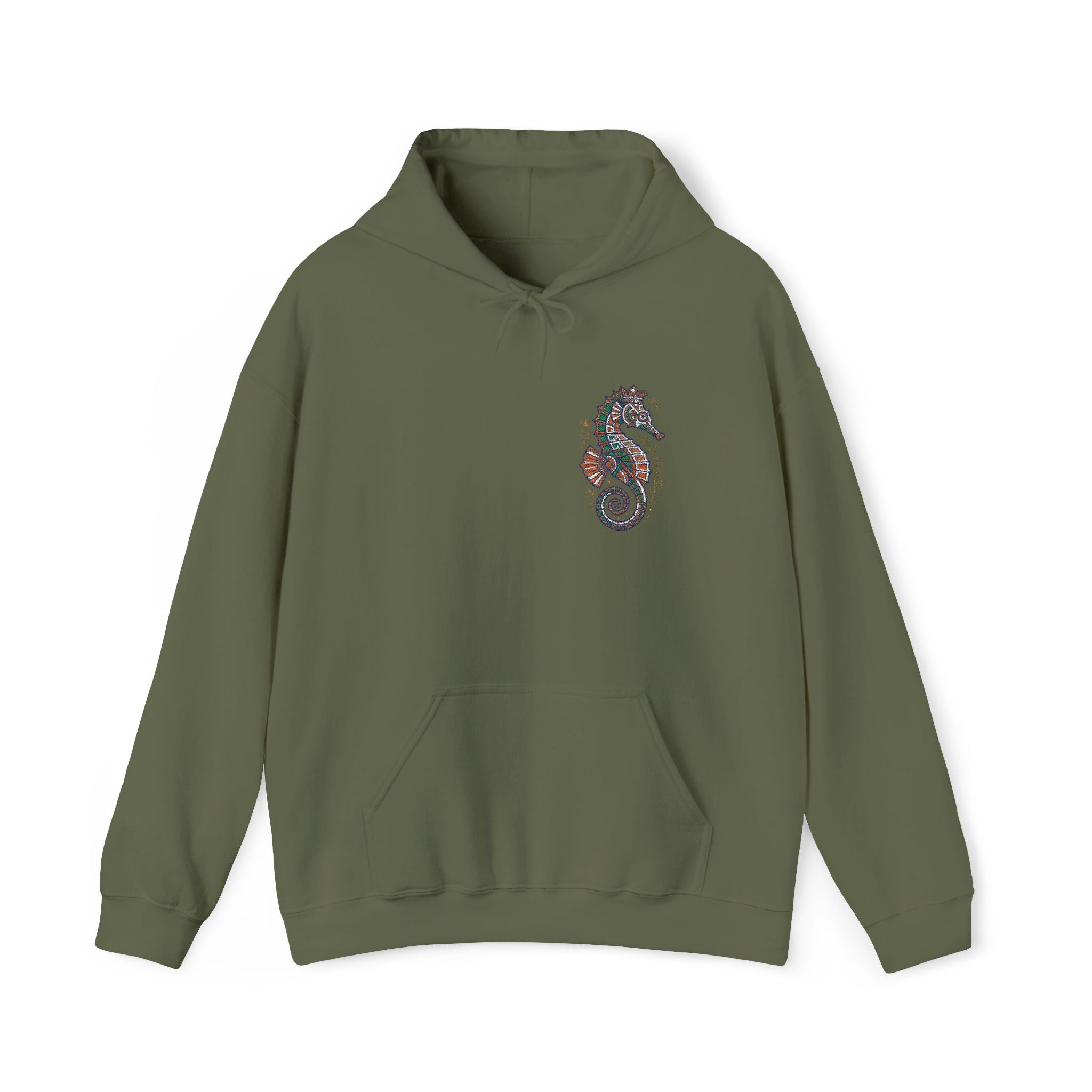 Olive green seahorse floral hoodie with front pocket and drawstring hood