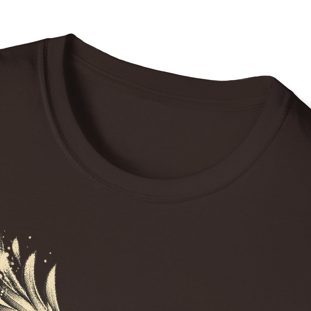 Dark chocolate crew-neck T-shirt neckline with partial eagle graphic detail