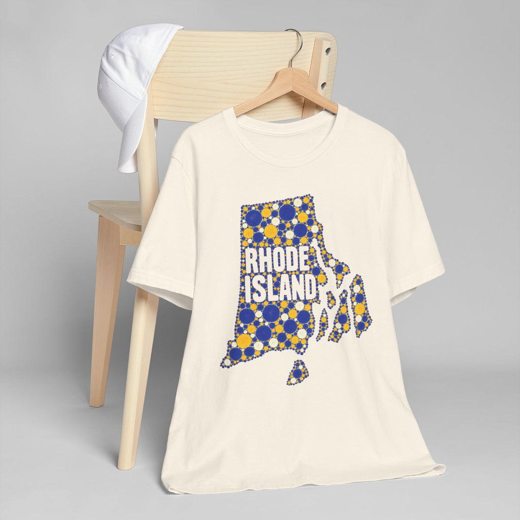 Cream crew-neck T-shirt with blue and yellow dotted Rhode Island state outline graphic.