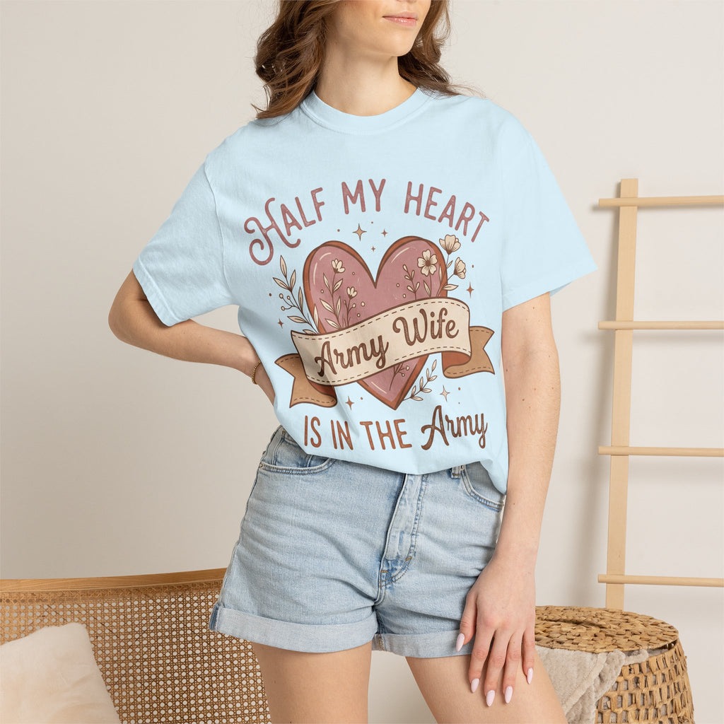 Light blue T-shirt on model with heart graphic and 'Army Wife' text