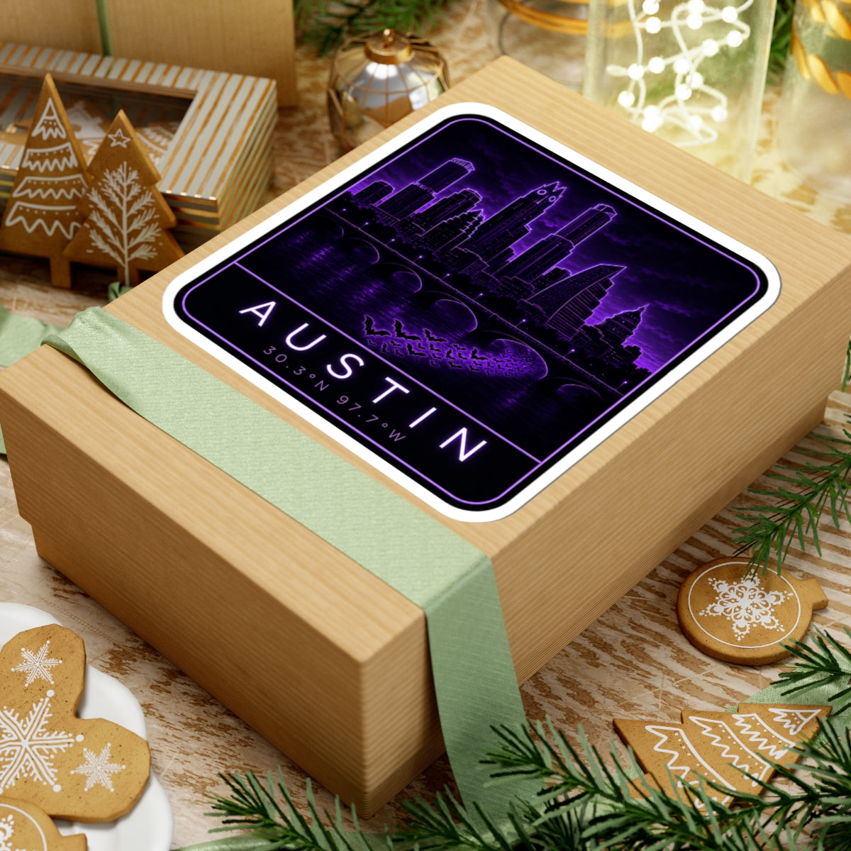 Neon Austin skyline sticker on wrapped gift; purple skyline with “AUSTIN” and 30.30N 97.70W