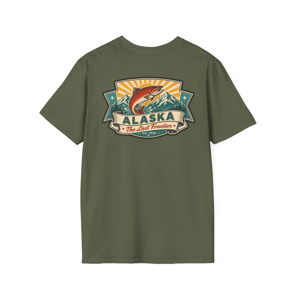 Souvenir T-shirt in military green with Alaska badge salmon mountain front print