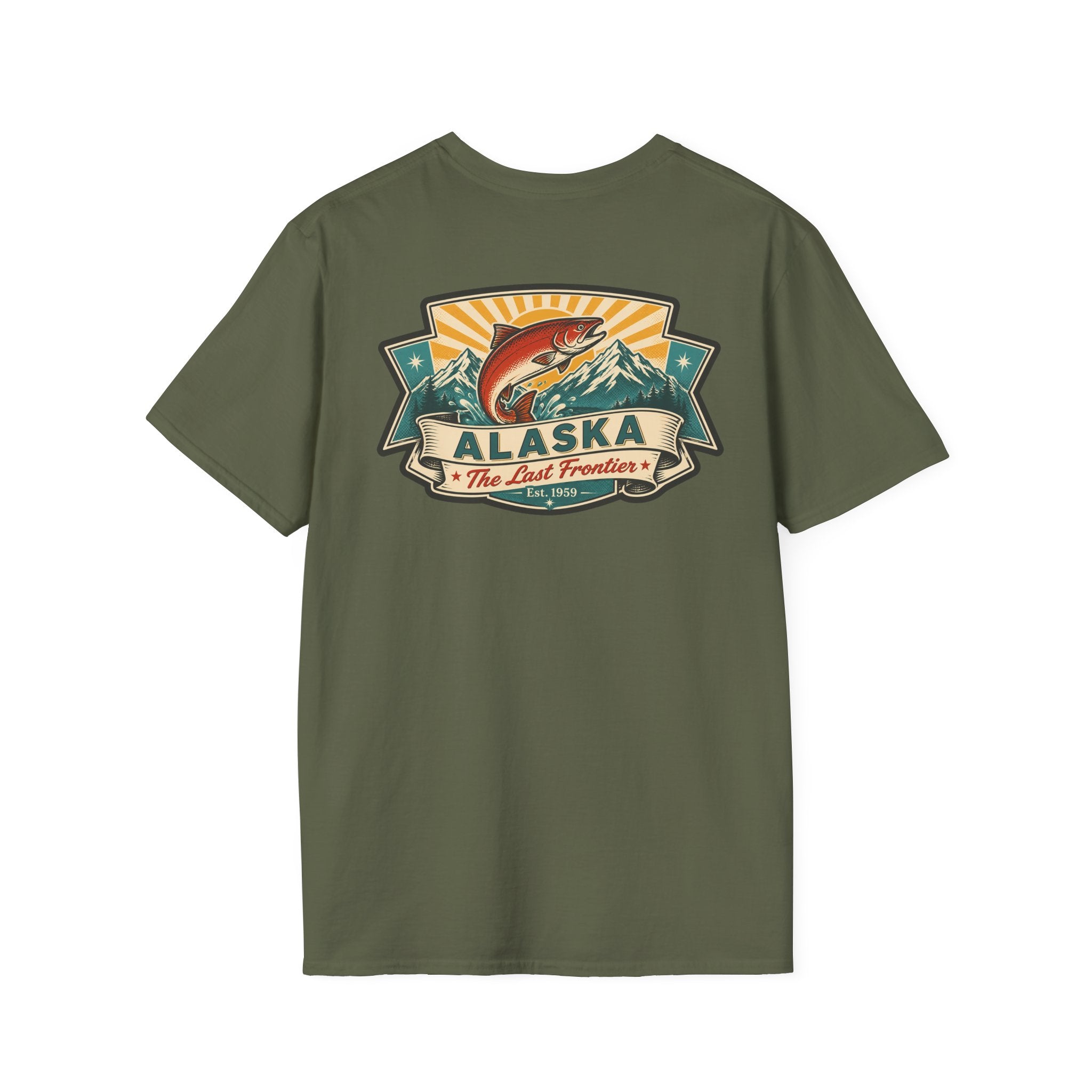 Souvenir T-shirt in military green with Alaska badge salmon mountain front print