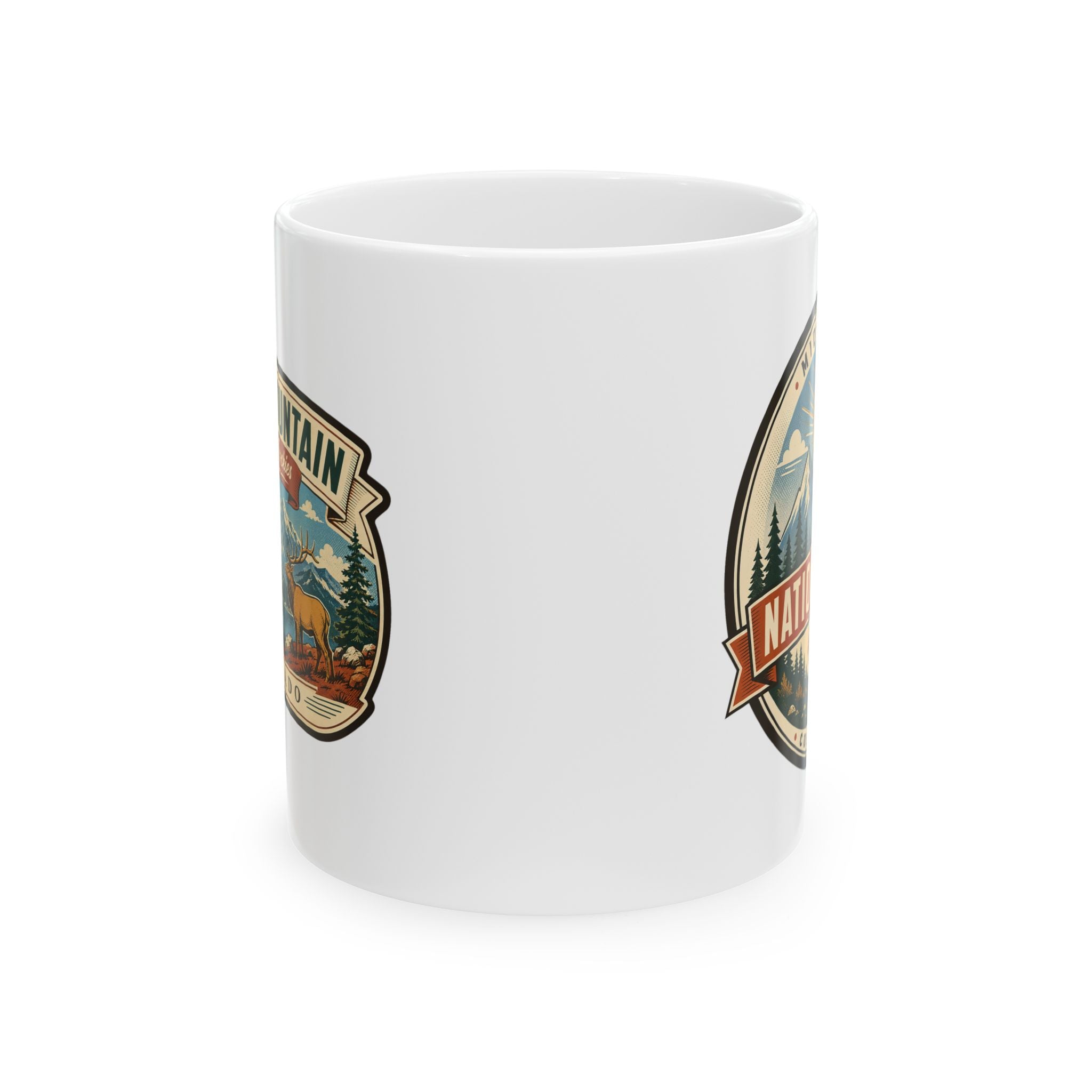 White ceramic coffee mug with Rocky Mountain National Park emblem on side