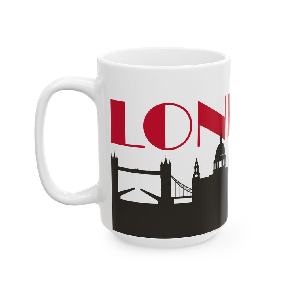 White ceramic coffee mug with red lettering and black city skyline graphic