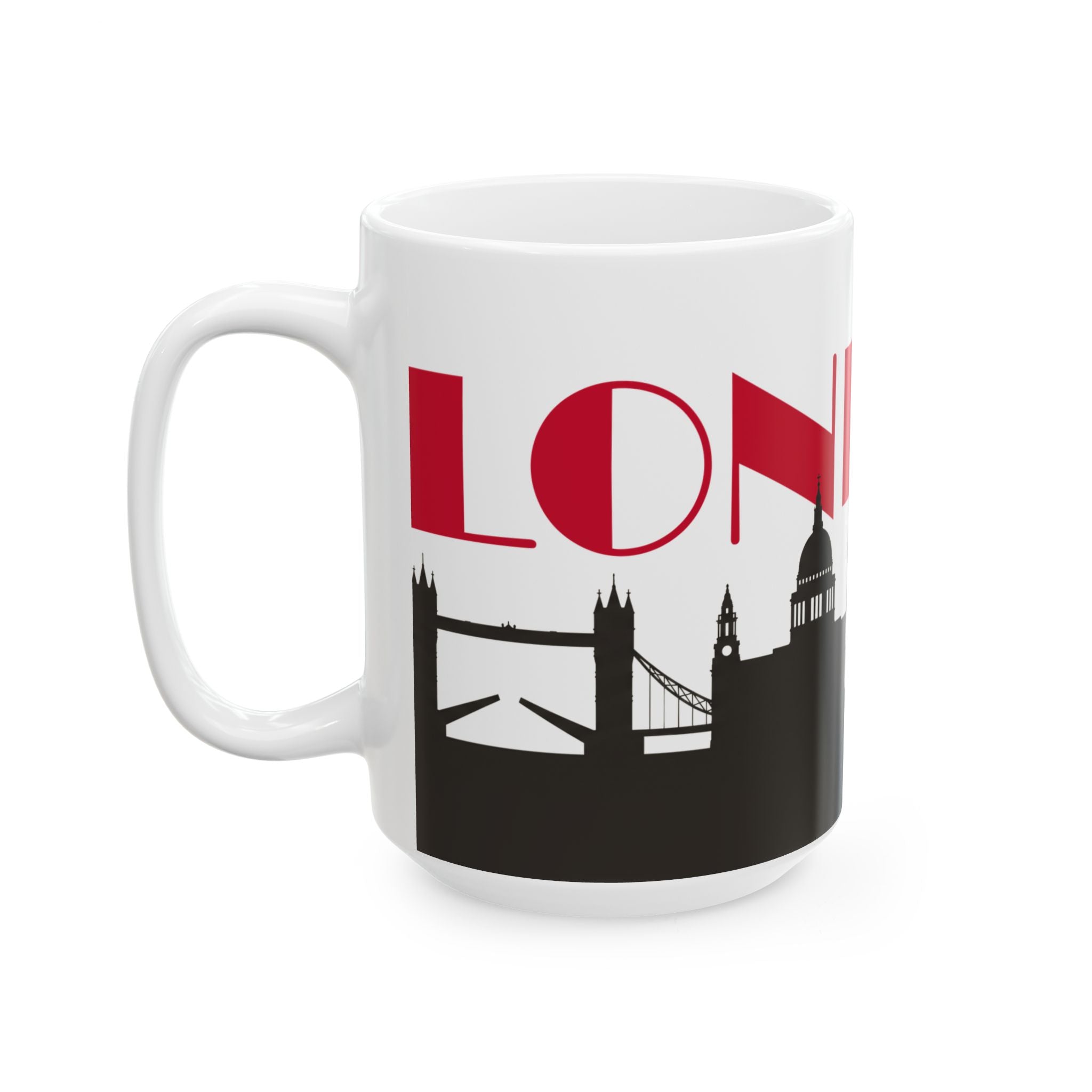 White ceramic coffee mug with red lettering and black city skyline graphic