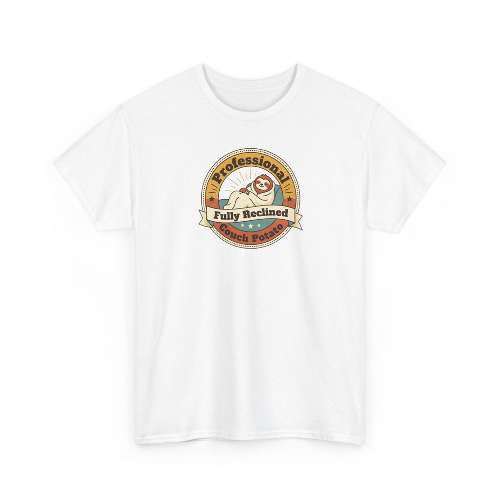 White T-shirt with crew neck and circular badge graphic on chest