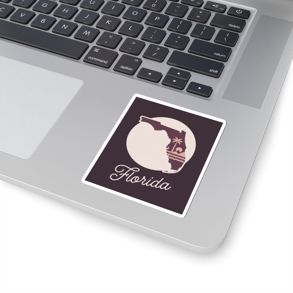 Florida silhouette kiss-cut vinyl decal, mauve and cream design with 'Florida' script