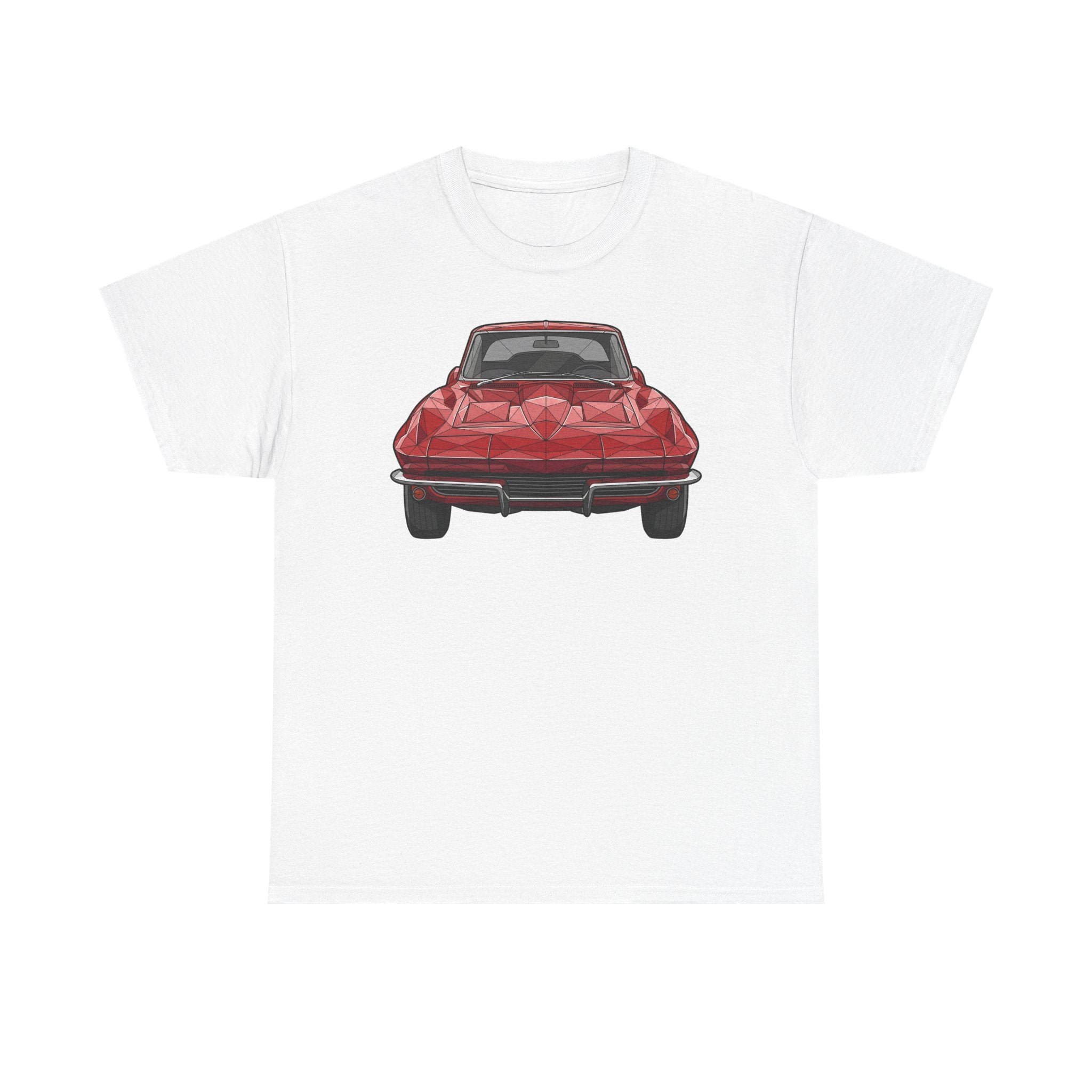 White T-shirt with red retro sports coupe graphic on the chest