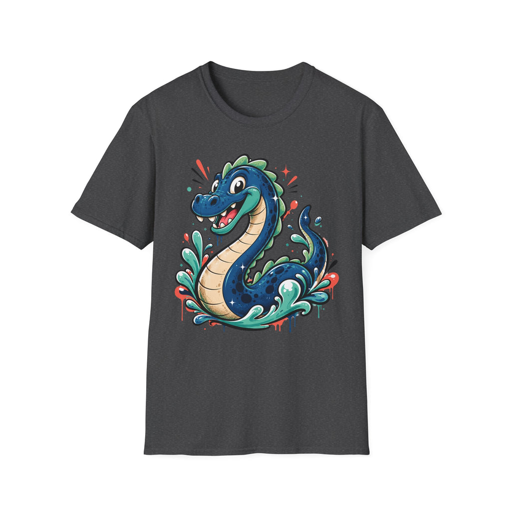 Charcoal sea serpent graphic T-shirt, short sleeves, crew neck