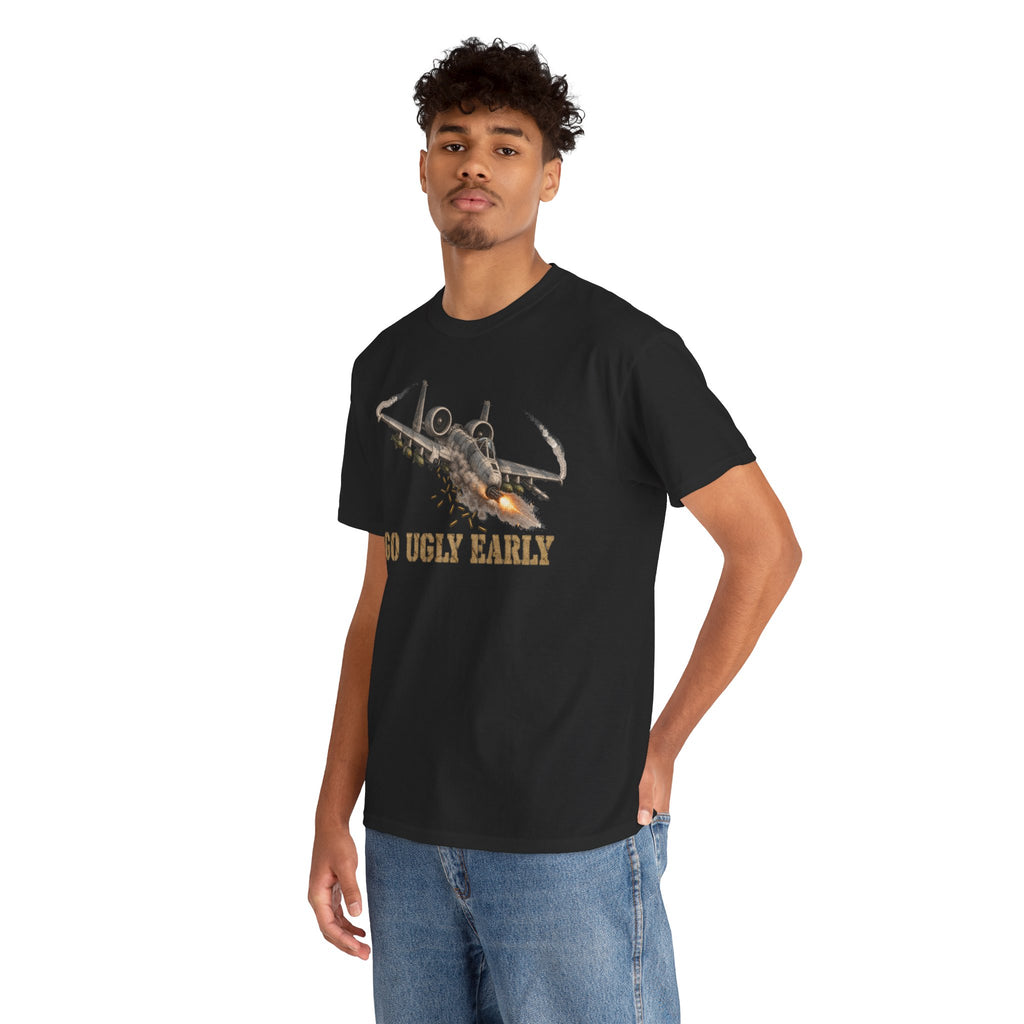 Black short-sleeve crewneck T-shirt with jet graphic and "GO UGLY EARLY" text.