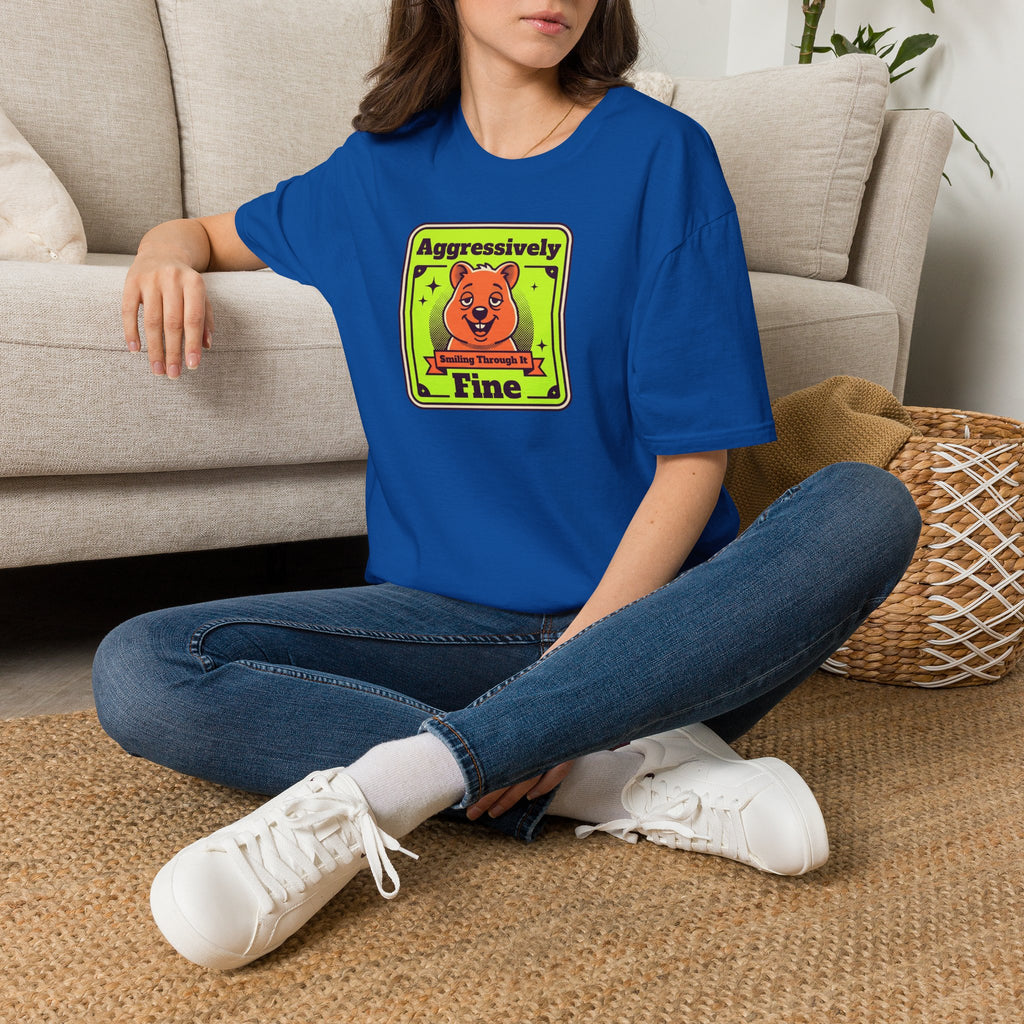 Royal blue T-shirt with framed cartoon bear graphic on the chest