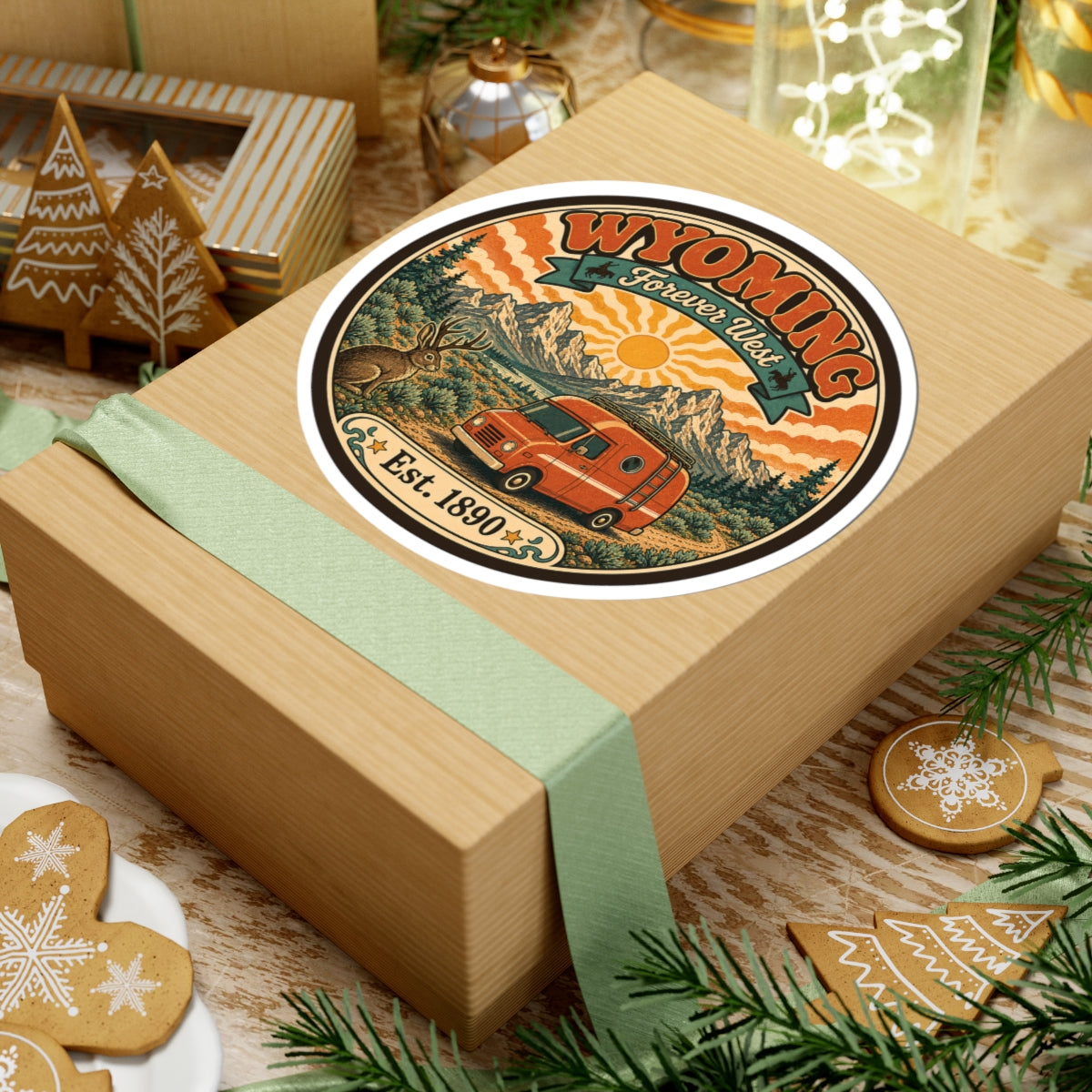 Round kiss-cut sticker with Wyoming Forever West logo, orange van scene, and Est. 1890
