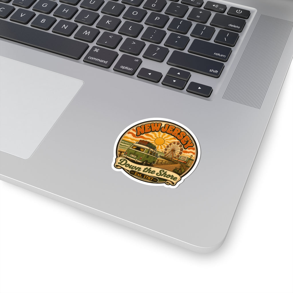 Round kiss-cut beach sticker with colorful New Jersey “Down the Shore” artwork