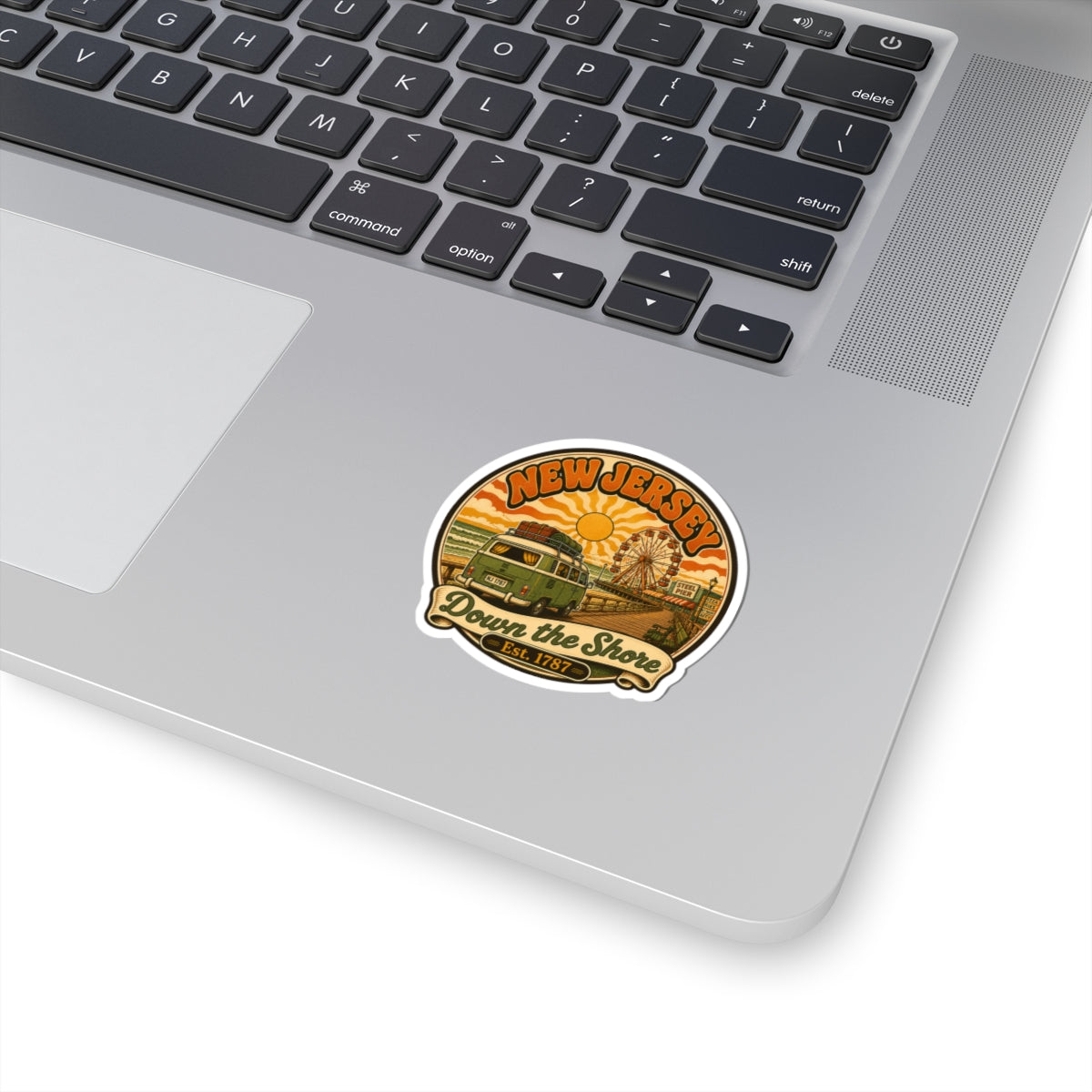Round kiss-cut beach sticker with colorful New Jersey “Down the Shore” artwork