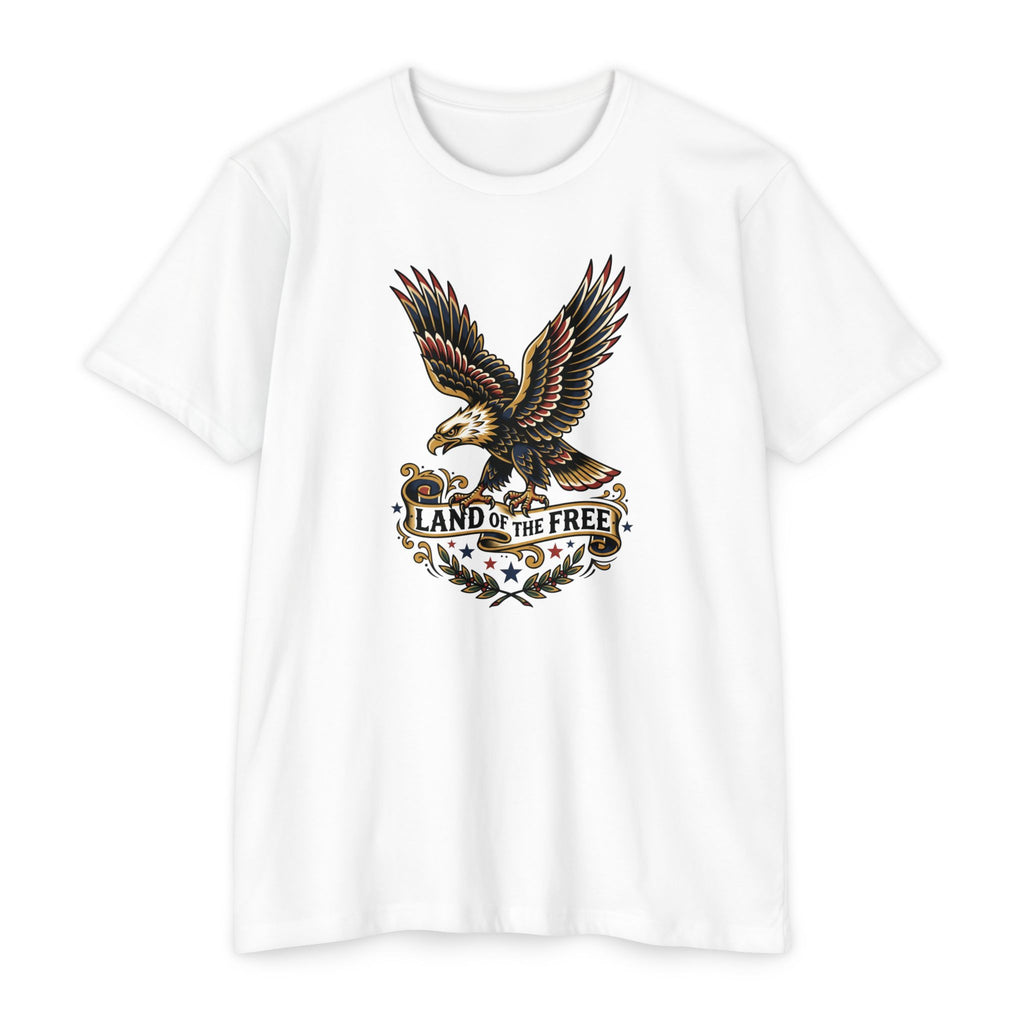 White T-shirt with multicolor eagle graphic and “LAND OF THE FREE” text
