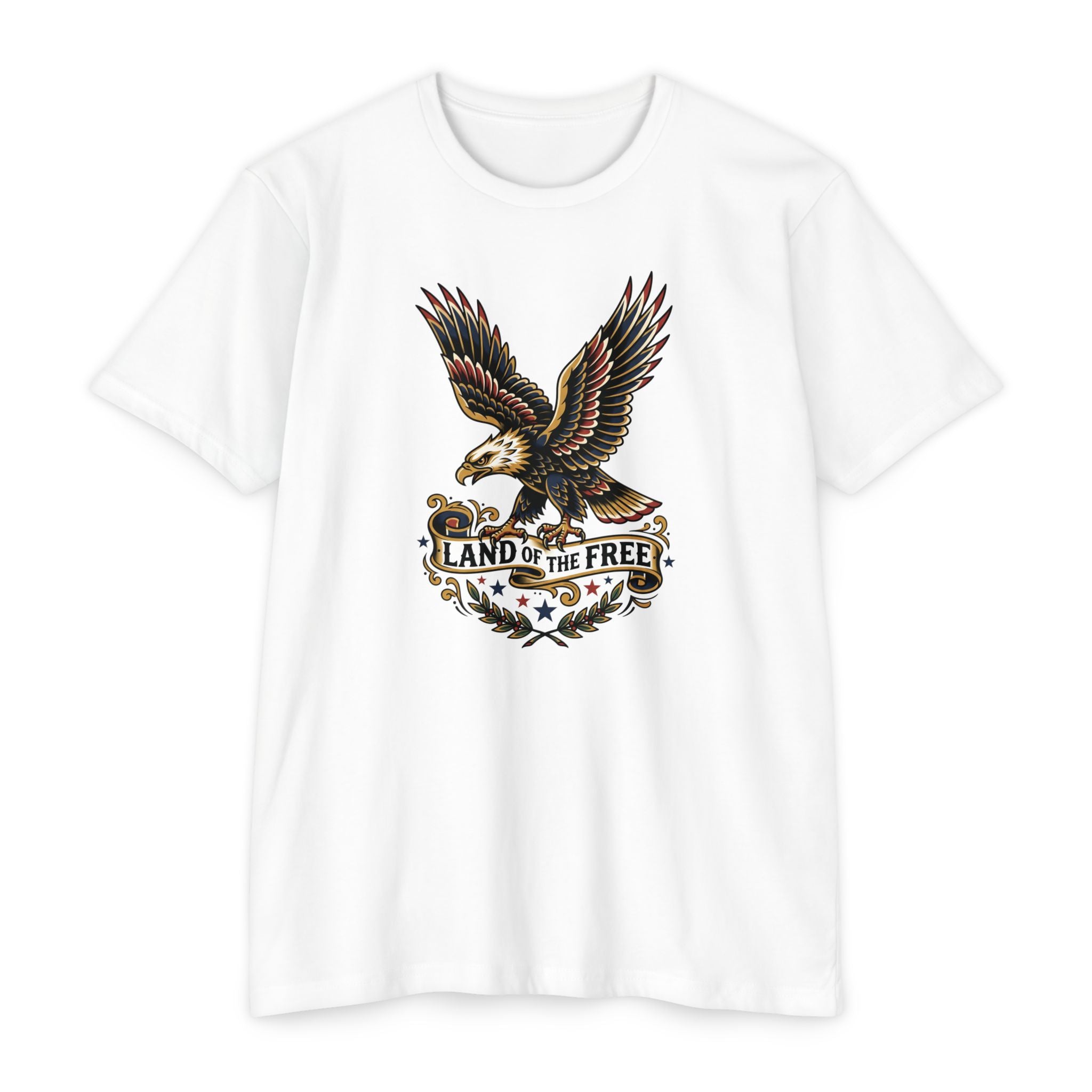 White T-shirt with multicolor eagle graphic and “LAND OF THE FREE” text