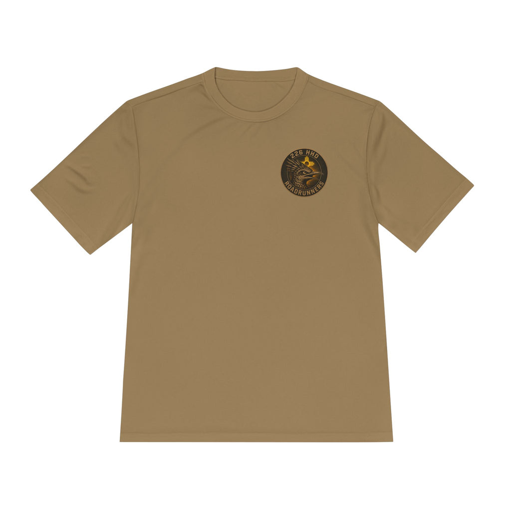 Coyote brown polyester T-shirt with round chest emblem