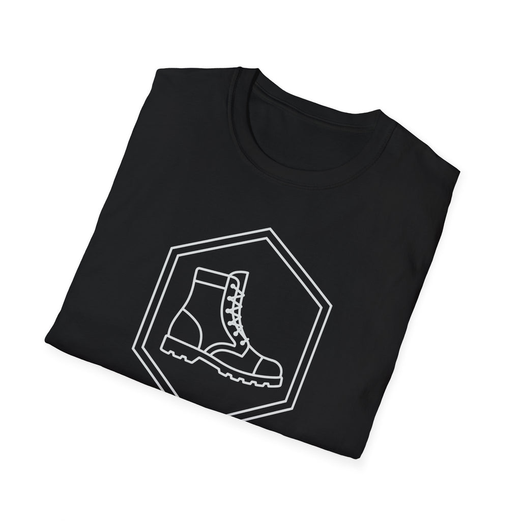 Black T-shirt with boot outline graphic inside a hexagon badge