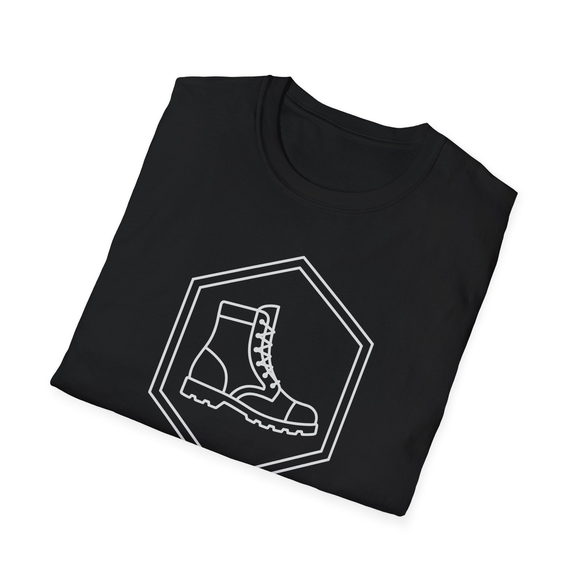 Black T-shirt with boot outline graphic inside a hexagon badge