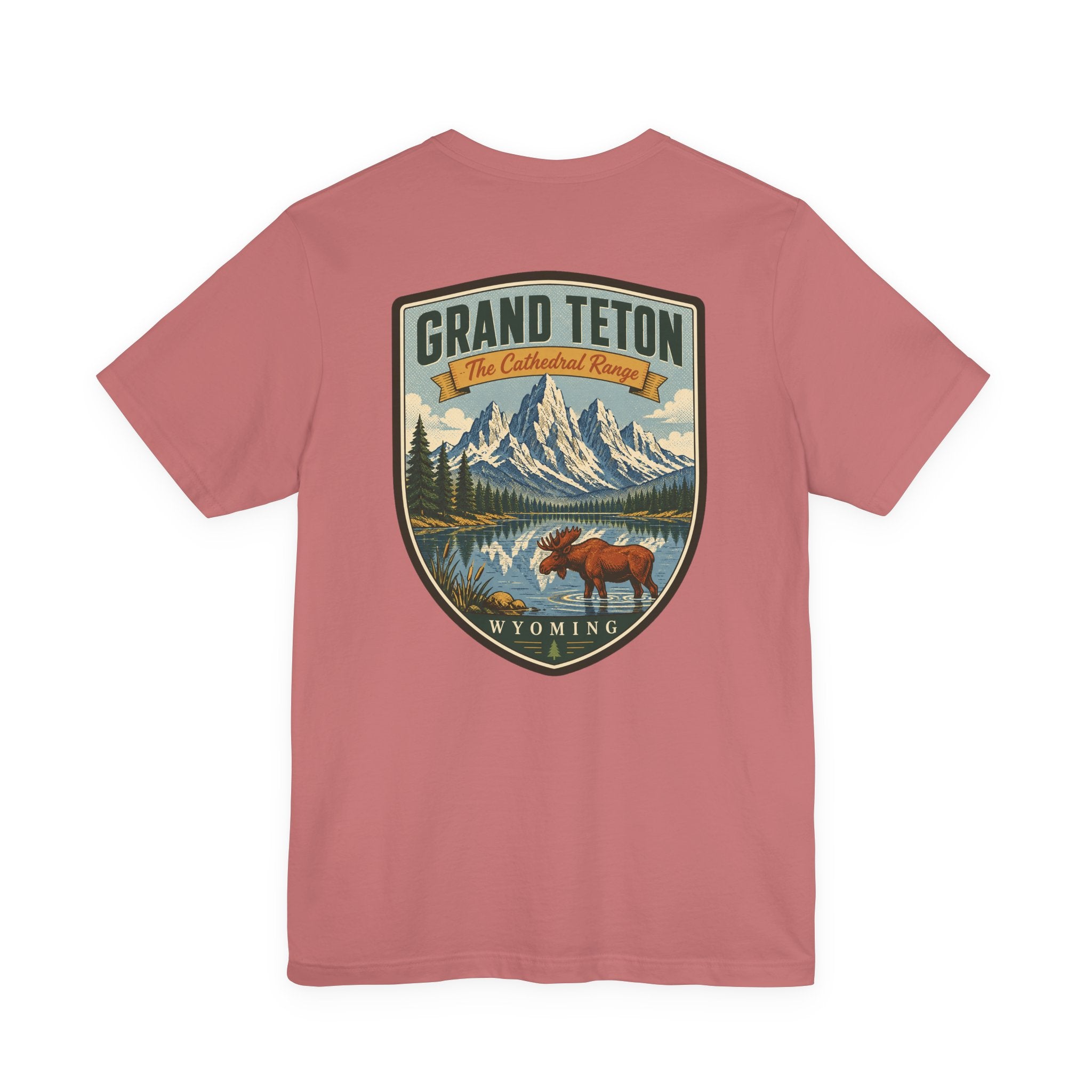 Rose crew-neck T-shirt with Grand Teton Wyoming graphic featuring mountains and a moose.