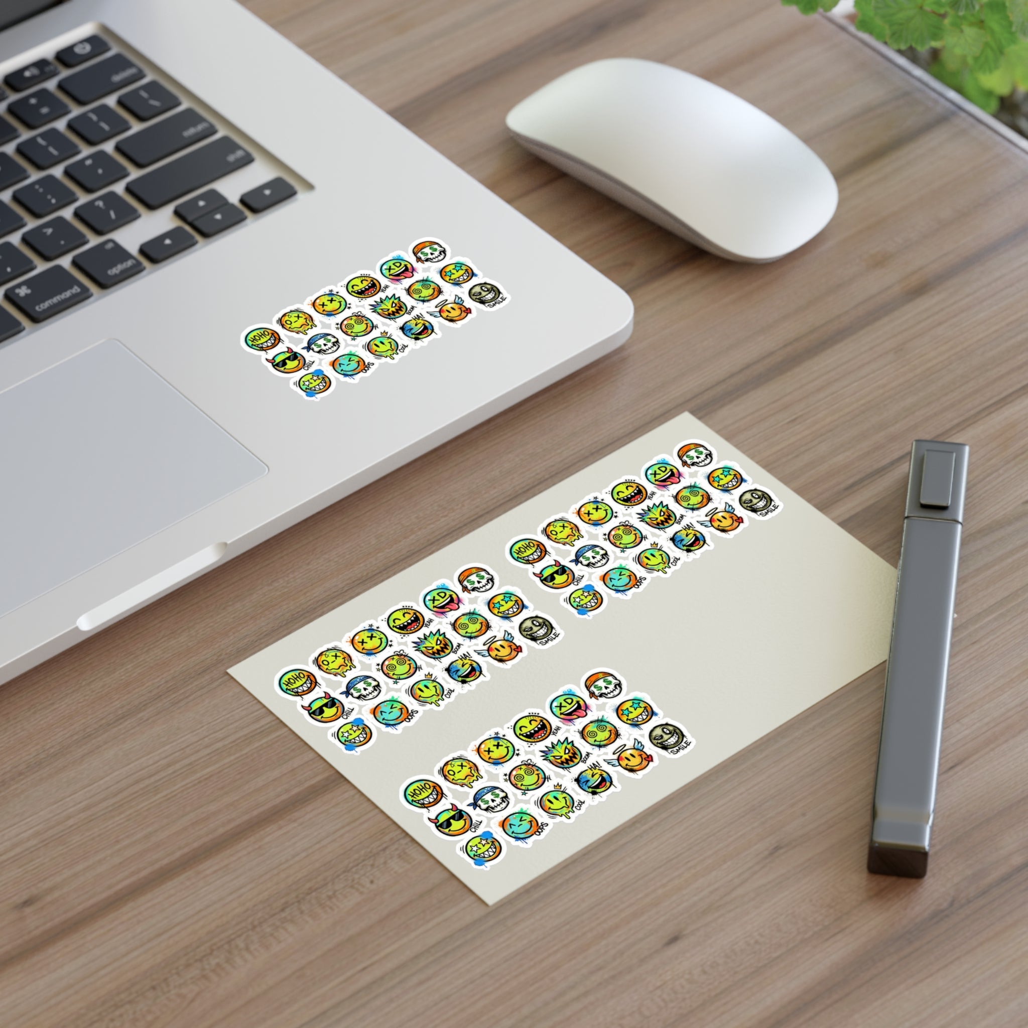 Emoji face sticker strips placed on paper near a keyboard and mouse