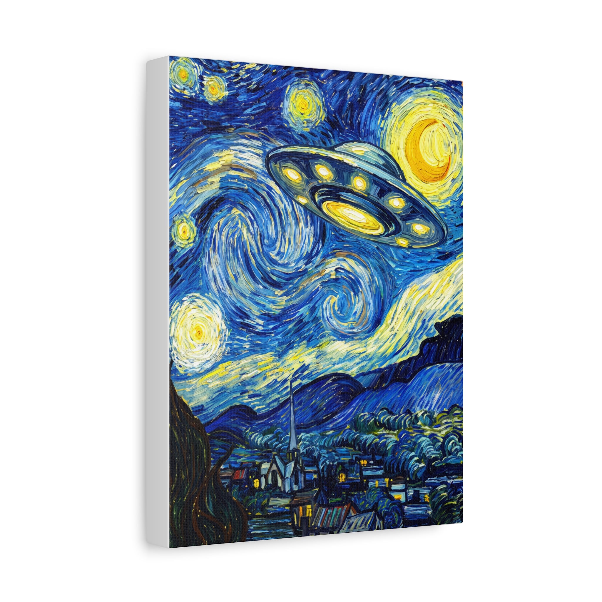 Starry UFO canvas wall art angled view of glowing UFO over swirling blue night sky