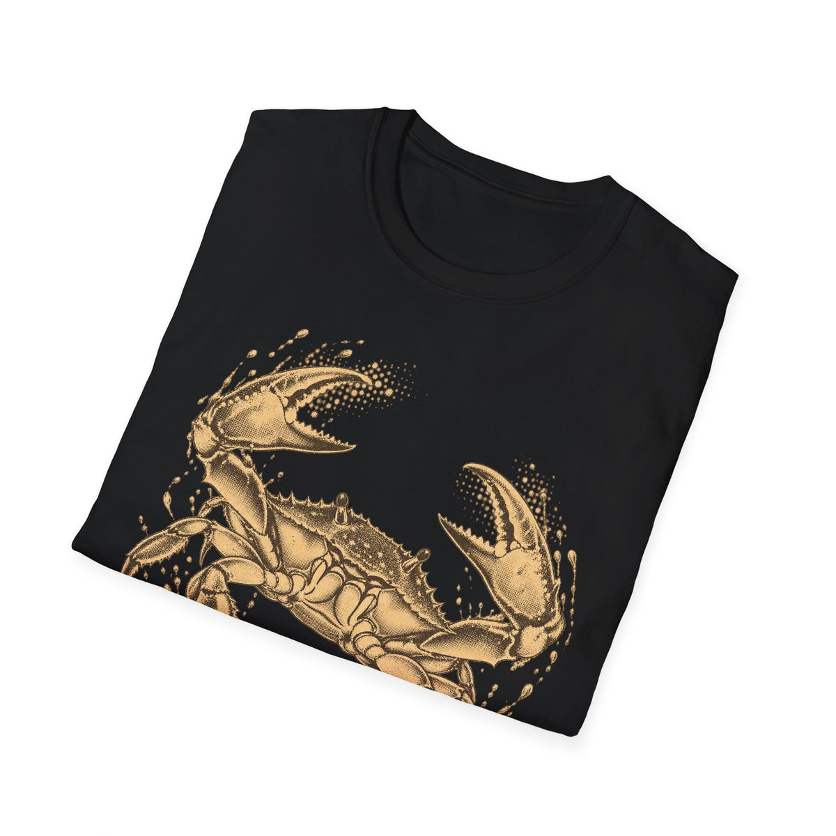 Black T-shirt with vintage gold crab and fish graphic on front