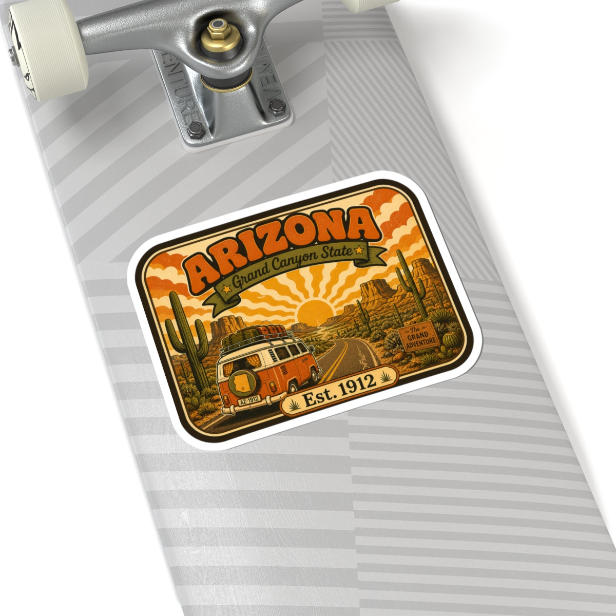 Rounded die-cut sticker with Arizona title, vintage camper illustration, and Est. 1912